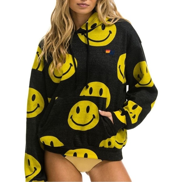 Aviator Nation Unisex Black/Yellow Smiley Repeat Relaxed Pullover Hoodie | EUC😀 - Picture 2 of 16